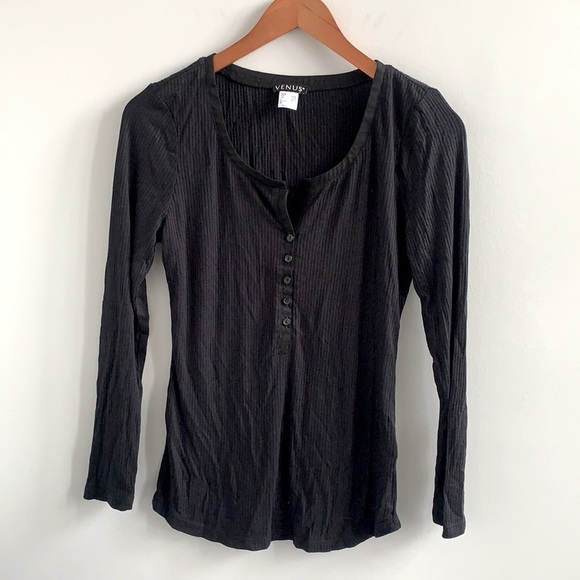 Venus Black Ribbed Long Sleeve Button Front Top - Picture 1 of 6